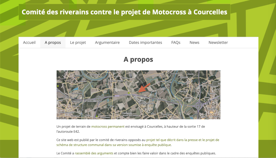 Site web du comité des riverains opposés au projet de motocross permanent à Courcelles